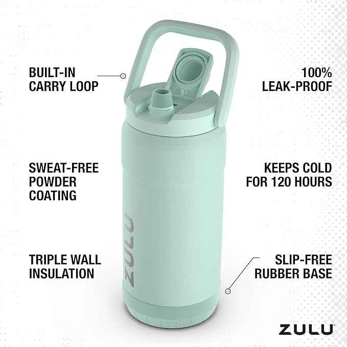 ZULU Goals Vacuum Insulated Large Capacity Stainless Steel Water Bottle | Reusable Jug Thermoses with Carry Handle | Leak-Proof Lid | Perfect for Travel, Workout, Gym, Hiking, Camping | 64oz, 101oz