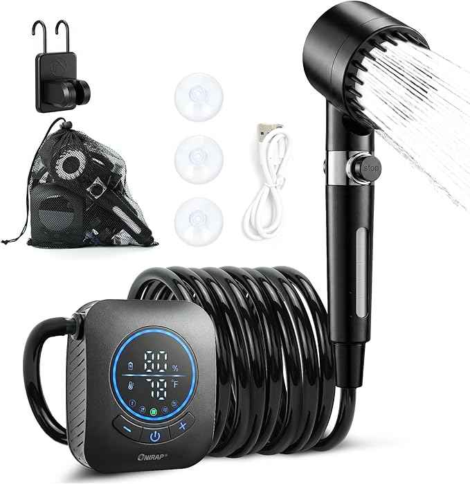 Portable Shower for Camping, IPX8 Filtered Camping Shower with Rechargeable 8000mAh Battery, Intelligent LED Display, 4 Spray Modes,Outdoor Camp Shower Pump for Hiking, Travel, Pet