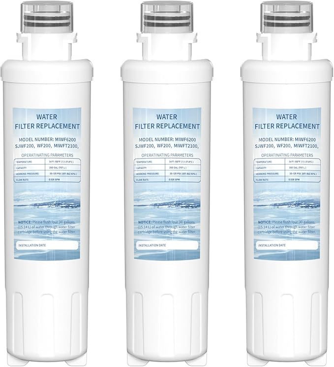 MIWF6200 Twist-in Water Filter Cartridge, Compatible with Midea MRS26D5AST, MF-2008-R2, Sharp SJWF200, SJG2254FS, Thor Kitchen WF200, Zline MIWFT2100, RFM-W-36 Models, 200 Gallon, 3 Pack