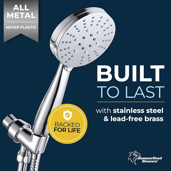 HammerHead Showers® Solid Metal 3-Spray Handheld Shower Head with Long Hose and Holder - CHROME - WIDE, MASSAGE, and MIST Sprays - 1.8 GPM Low Flow Handheld Showerhead - Water Saving Shower Head
