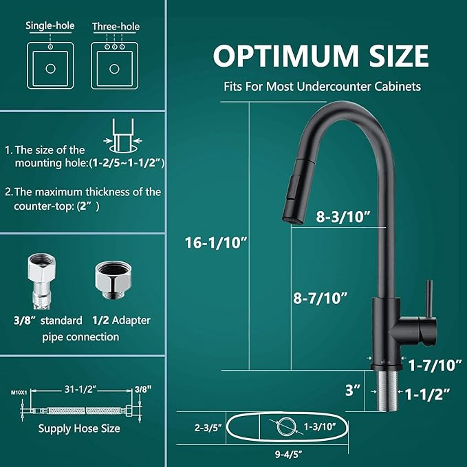 APPASO Black Kitchen Faucet, Modern Kitchen Faucet with Pull Down Sprayer Matte Black, Single-Handle High Arc Gooseneck Modern Kitchen Sink Faucet with Deck Plate APS202-BS