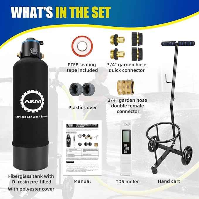 AKM Spotless Water System for car wash,Pre-Filled with 15L DI Resin, with Bypass, DI Water System,Garden Hose Quick Connector, Deionized Water System for RV, Vehicles, Bikes, Boats, No Spots