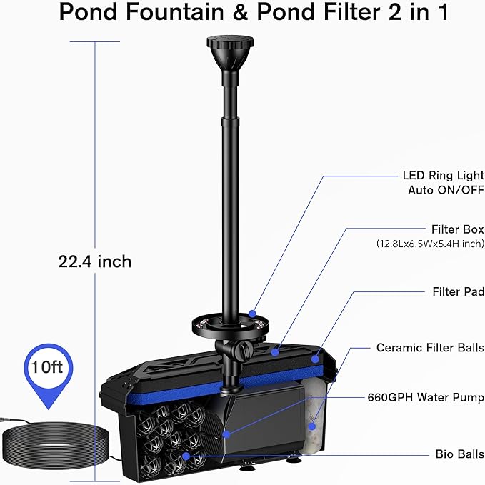 NFESOLAR Pond Filter with Fountain Pump Kits, 660GPH Pond Filter Fountain with Colorful Lights, Multi-layer Filtration, for Outdoor Ponds Up to 2000 Gallons, Fish Tank, Waterscape - Corded Electric