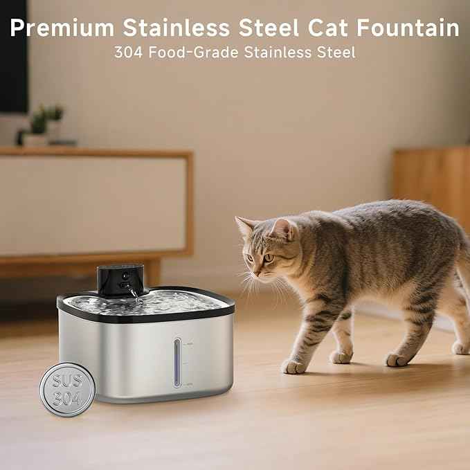 Wireless Cat Water Fountain Stainless Steel, 118oz/3.5L Cordless Automatic Pet Water Dispenser for Cats Indoor, with Motion Sensor, Ultra Quiet Pump, Rechargeable & Multi-Filtration-8Filters