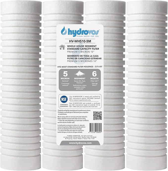 HYDROVOS 2.5" x 10" 5 Micron Whole House Water Filter, NSF Certified 10 Inch Grooved Sediment Filter with 6-Month Filter Life, 4 Pack