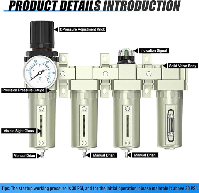 4 Stage Air Drying System 3/4" NPT Heavy Duty Industrial Grade,Coalescing Filter,Double Particulate Filter,Desiccant Dryer and Air Regulator For Plasma Cutter and Paint Spray, Manual Drain - AquaVibe