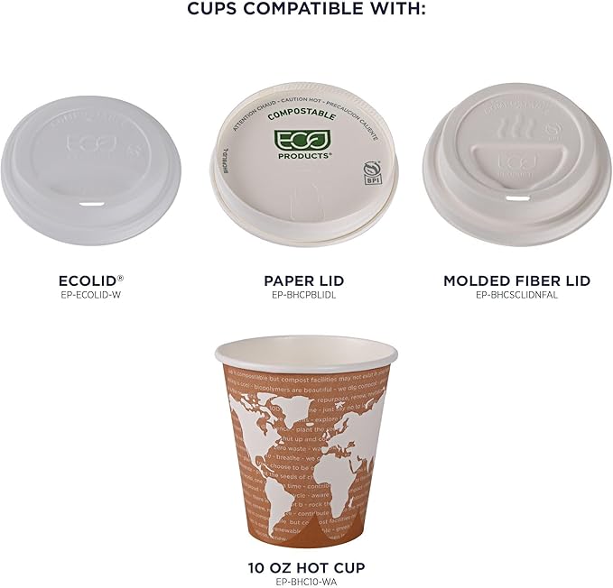 ECO PRODUCTS Compostable Disposable World Art 10oz Coffee Cups, Pack of 50, Renewable Hot Paper Cup, Plant Based PLA Lining, Color Coded