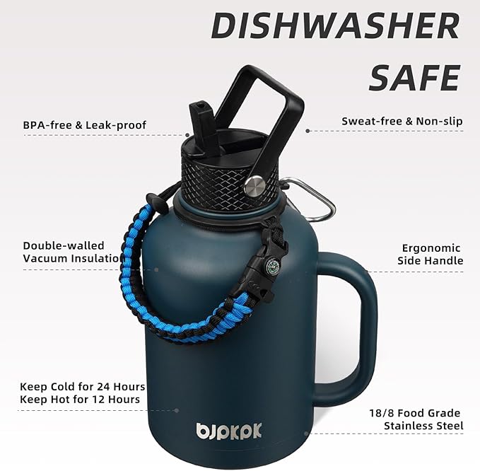 BJPKPK Large Insulated Water Bottles with Straw Lid & Handle, 50oz Water Bottle with 3 Lids and Paracord Strap, Stainless Steel Metal Water Bottle, Insulated Water Jug, Navy Blue