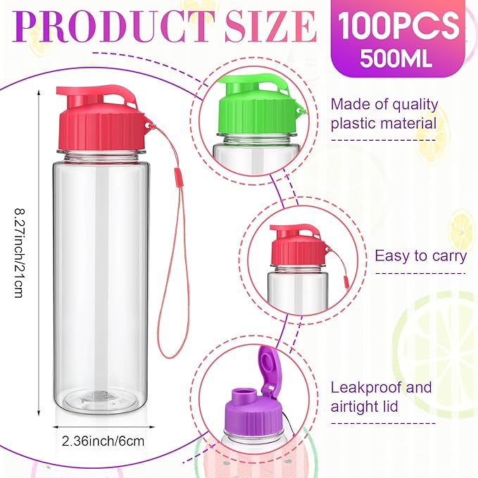 Domensi 100 Pieces Water Bottle Bulk 17 oz Sport Drink Bottles with Handle Strap Adults Reusable Large container for Adults Fitness Gym