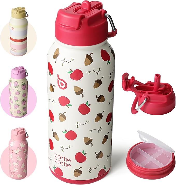 BOTTLE BOTTLE 32oz Insulated Water Bottle Stainless Steel Sport Water Bottle with Straw Dual-use Lid Design for Gym with Pill Box