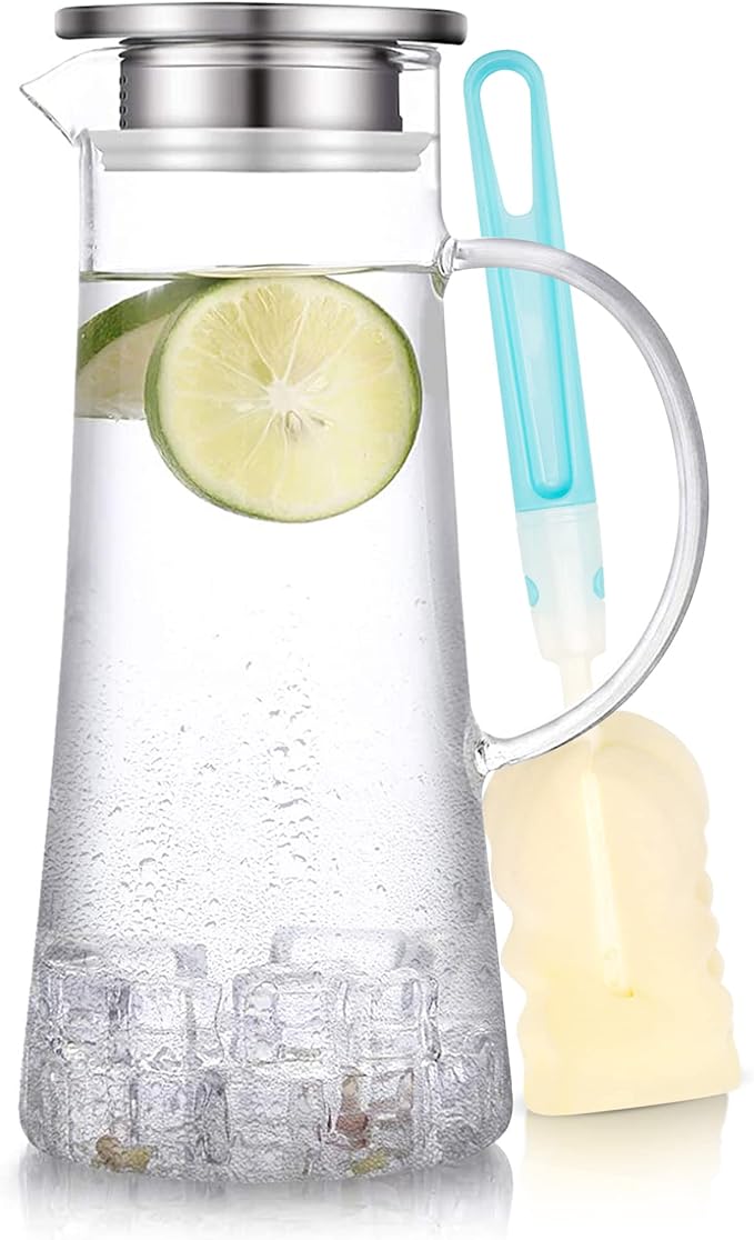 SUSTEAS 1.5 Liter 51oz Glass Pitcher with Lid, Easy Clean Heat Resistant Glass Water Carafe with Handle for Hot/Cold Beverages - Water, Cold Brew, Iced Tea & Juice, With 1 Long-Handled Brush Included