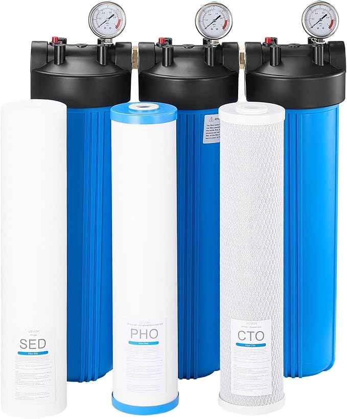 VEVOR Whole House Water Filter System, 3-Stage | Sediment, PHO, CTO | 4.5" x 20" Home Water Purifier Filter Reduce Chlorine, Bad Taste, Odor, Rust, Prevent Scale and Corrosion