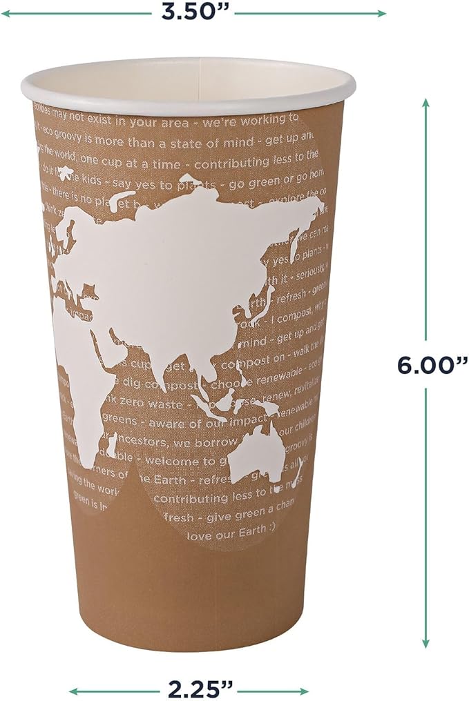 ECO PRODUCTS Compostable Disposable World Art 20oz Large Coffee Cups, Case of 1000, Renewable Hot Paper Cup, Plant Based PLA Lining, Color Coded