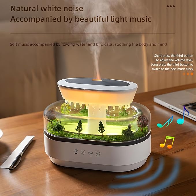 Essential Oil Flame Diffuser 250ml Cloud Rain Humidifier Water Drip Aromatherapy Diffuser Air Humidifier with 7 Colors Light, Micro Landscape, White Noise, Auto-Off for Home Office (White)