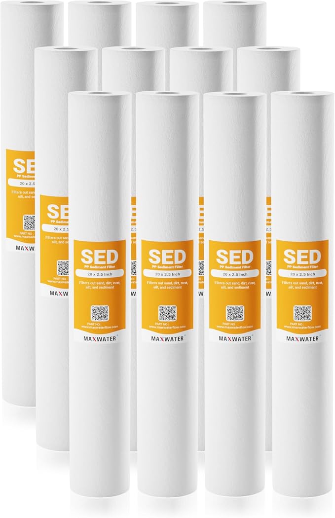 Max Water 5 Micron 20 x 2.5 Sediment Water Filter Replacement Melt-Blown Polypropylene Cartridge for Whole House Filter System, 12 Pack