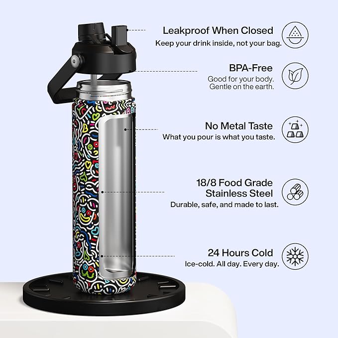 ENCOOL Insulated Water Bottle with Straw Stainless Steel Water Bottle, Leak-Proof, BPA-Free, Double Wall Vacuum Keeps Cold for 24 Hours for Sports, Travel, School (26 oz, Graffiti Faces)