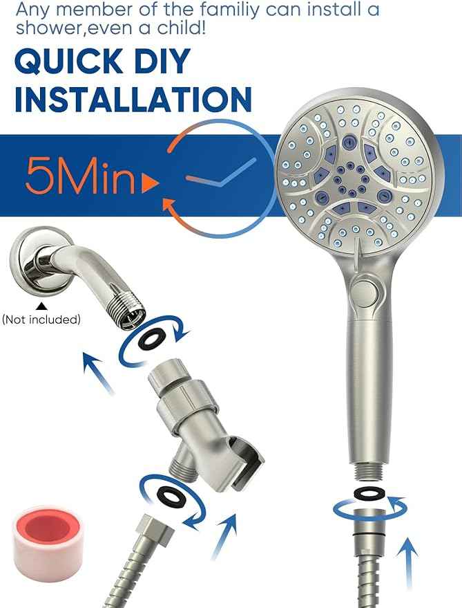 Pavezo® High Pressure Handheld Shower Head with Filter, ON/OFF Switch Pause Button, 10-mode Shower Head with Hard Water Softener Filters, SS Hose, Anti-clog & Powerful Clean Tile & Pet, Brushed Nickel