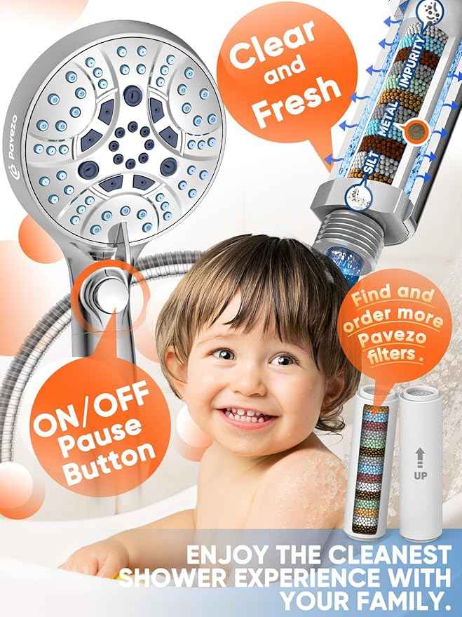 Pavezo® High Pressure Handheld Shower Head with Filter, ON/OFF Switch Pause Button, 10-mode Shower Head with Hard Water Softener Filters, SS Hose, Anti-clog & Powerful Clean Tile & Pet, Premium Chrome