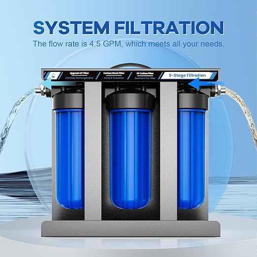 RV Water Filter System,5-Stage Water Filtration for Rvs and Campers, 0.01 Micron Filters Out Sediments, Chlorine, Vocs, Heavy Metals, Odors for Travel Trailers, Boats, 1/2" Inlet/Outlet