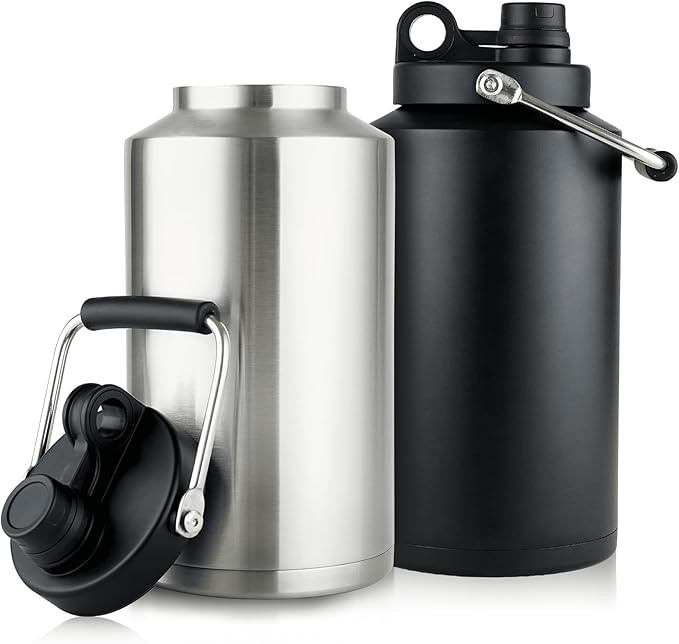 (Set of 2) 1 Gallon Water Bottle Insulated Stainless Steel Keeps Ice 48Hr, Large Water Gallon Jug Wide Mouth Leakproof Vacuum for Gym, Camping, & Construction