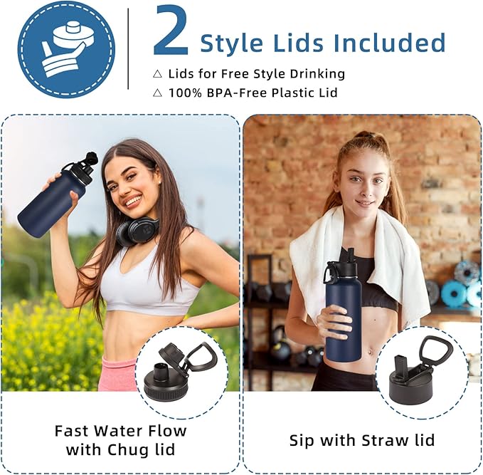 Volhoply 32oz Insulated Water Bottles Bulk 8 Pack with Straw Lid & Spout Lid,Stainless Steel Sports Water Bottle,Double Wall Vacuum Cups,Leakproof Wide Mouth Metal Flask for Hiking,Camping(Navy,8)