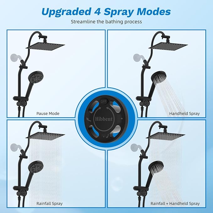 Hibbent cUPC Certified All Metal 8" Rainfall Showerhead Combo, High Pressure Shower Head with 10-Spray Handheld, Innovative 4-way Diverter with Pause Mode, 71'' Shower Hose & Holder, Matte Black
