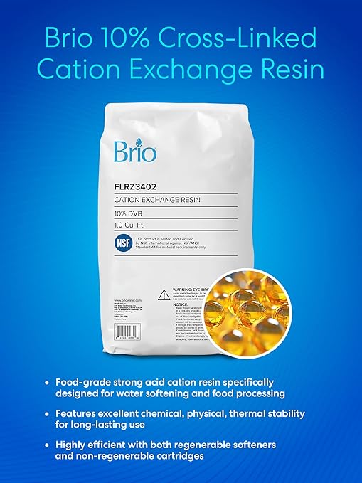 Brio Water Softner Resin Refill for Water Softener Systems & Cartridges | Cation Exchange Resin, 10% Cross-Linked DVB | NSF/ANSI Standard 44 Certified | 1 Cubic Ft. Bag