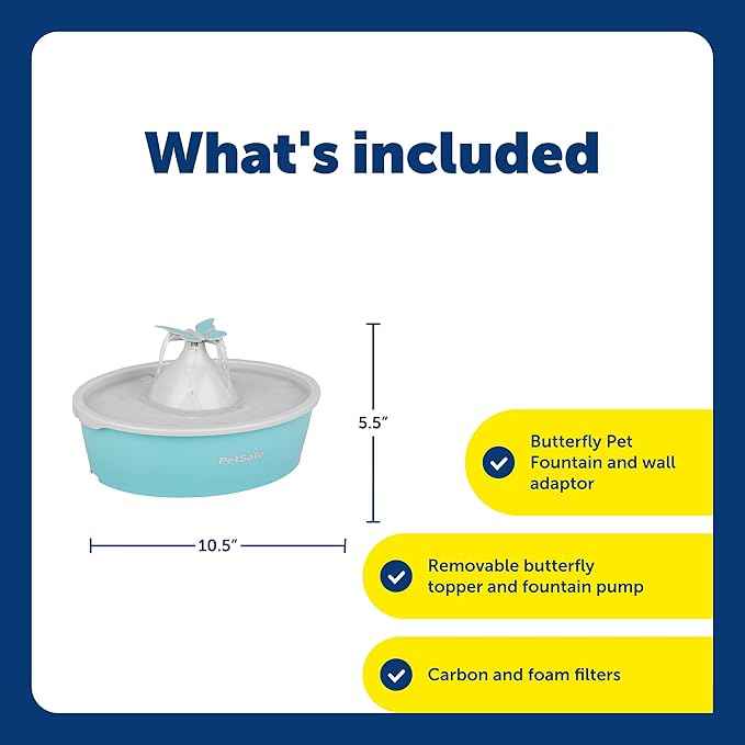 PetSafe Butterfly Cat Water Fountain with Pump & Filters - Cute Water Dispenser with 50 oz Capacity - Pump & Filters Keep Water Clean & Fresh - Filter Contains 2X More Carbon Than Other Brands