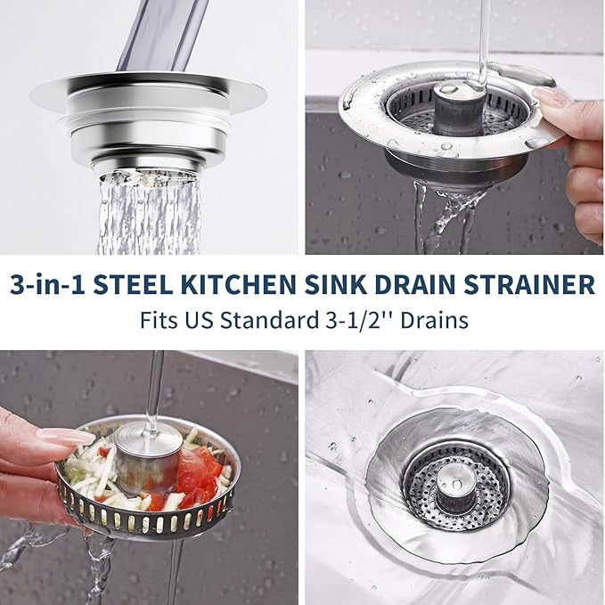 PROFECTUS 3 in 1 Kitchen Sink Drain Strainer and Stopper, 304 Stainless Steel Pop Up Sink Drain Stopper with Hair Catcher, Anti-Clog Sink Strainer for Standard 3-1/2” Kitchen Drains (SUS304 Brushed)