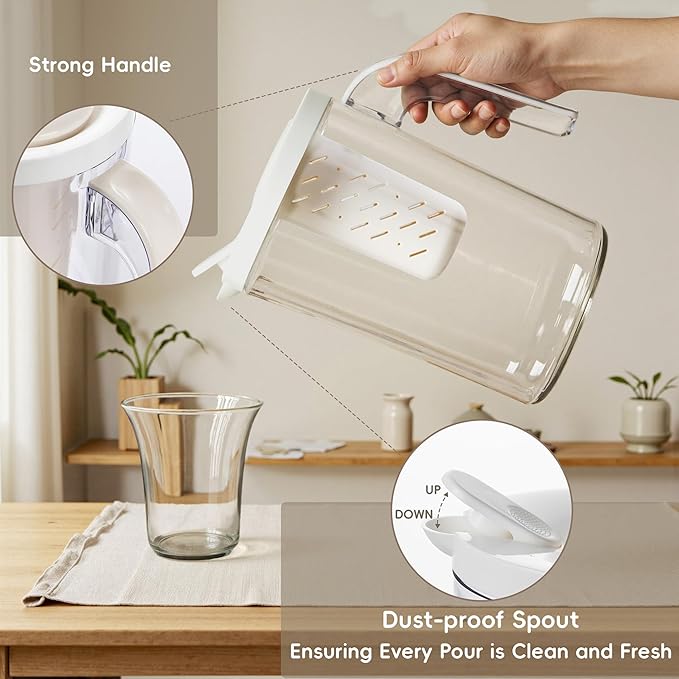 Plastic Pitcher With Lid and 4 Cups, 62oz, Clear Water Pitcher with Lid, Fridge Jug, BPA Free, Great for Iced Tea, Sangria, Lemonade, Juice, Milk, and More