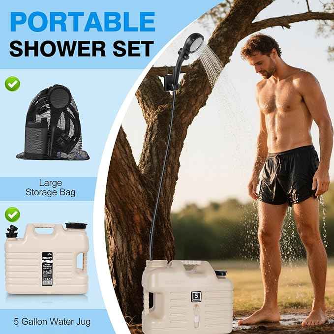 Portable Camping Shower with 5 Gallon Water Jug, 6000mAh Rechargeable Outdoor Camping Shower Kit, IPX7 Waterproof Pump BPA Free Water Containers Camp Essentials