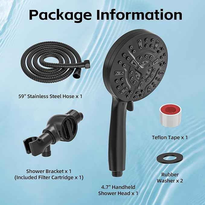 High Pressure Filtered Shower Head with Handheld, 9 Spray Modes 4.7" Shower Head, 59" long hose, 10 Layers Filter for Hard Water, Remove Chlorine, Adjustable Bracket, Matte Black