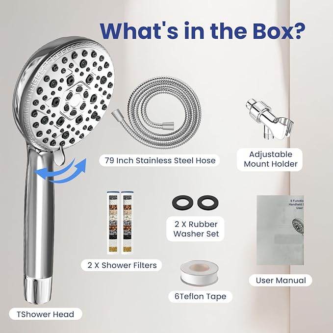 Filtered Shower Head with Handheld,7 Spray Settings High Pressure Showerhead Built in Power Wash to Clean Tub, Tile & Pet, Showerhead with Filters for Hard Water - Remove Chlorine, (Chrome) - AquaVibe