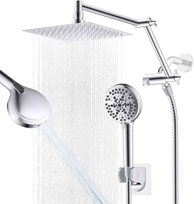 All Metal Rain Shower Head, 8” High Pressure Rainfall Shower Head with Handheld Showerhead, 5" Large Panel Handheld Spray Powerful Clean 10 Modes, 16" Stainless Steel Adjustable Extension Arm, Chrome