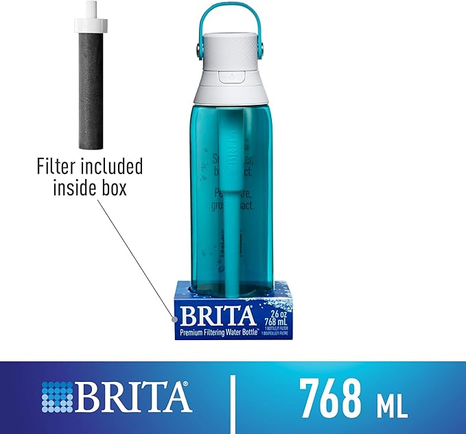 Brita Hard-Sided Plastic Premium Filtering Water Bottle, BPA-Free, Reusable, Replaces 300 Plastic Water Bottles, Filter Lasts 2 Months or 40 Gallons, Includes 1 Filter, Sea Glass - 26 oz.