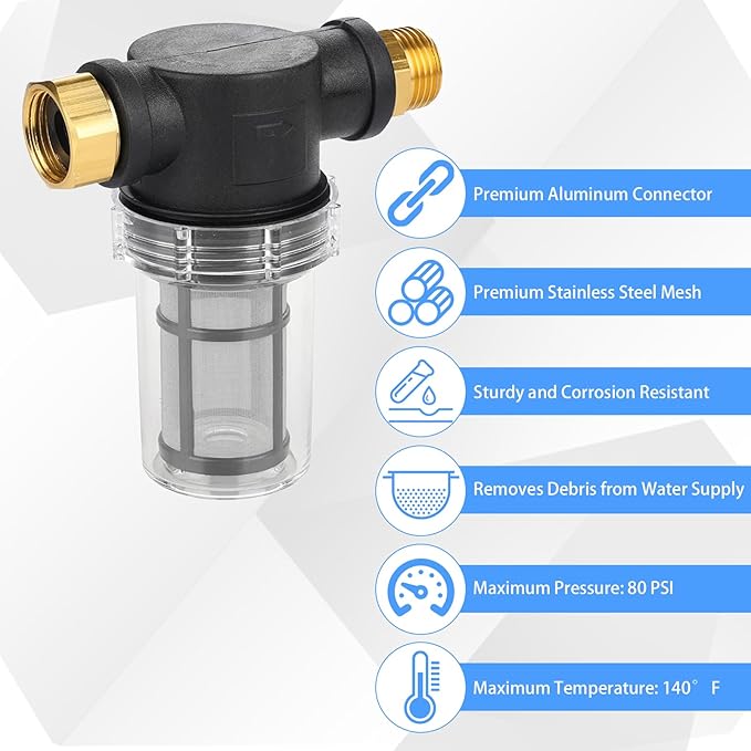 4 Pcs Washing Machine Water Filter with 40 Mesh 100 Mesh Screen Garden Hose Percolator Pressure Washer Percolator Inline Water Sediment Filter for RV Camping Car Wash