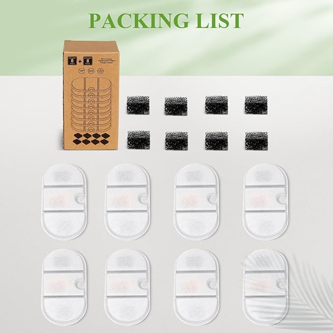 8 Pack Cat Water Fountain Filters with 8 Sponges, Pet Water Fountain Replacement Filter for 71oz/2.1L PLWF002 Capsule Cat Water Fountain, Pet Fountain Filter Set