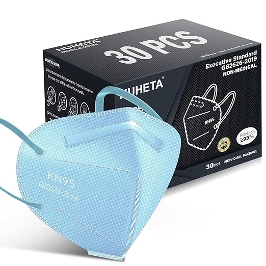 HUHETA KN95 Face Mask, 30 Pack Individually Wrapped, 5-Ply Breathable & Comfortable Safety Mask, Filter Efficiency=95%, Protective Cup Dust Masks Against PM2.5 (Blue Mask) - AquaVibe