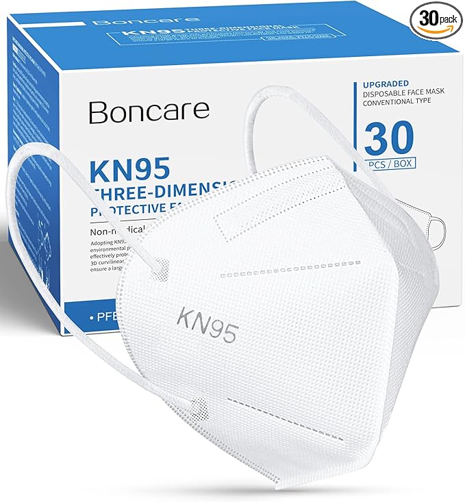Boncare KN95 Face Mask 30 PCs, 5-Layer Face Mask for Men & Women, Updated Breathable, Comfortable (White) - AquaVibe