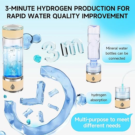 Hydrohealth Hydroh Hydrogen Water Bottle Generator, Portable and Rechargeable Hydro Health Hydrogen Water Bottle Glass with SPE Pem Technology,3 Min 4100 PPB Pure Hydrogen Rich Concentration