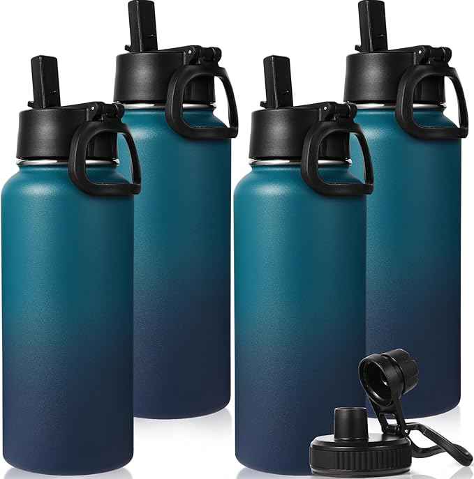 Neihepal 32 oz Insulated Water Bottles Bulk with 2 Lids (Straw & Spout Lid), Stainless Steel Double Wall Water Bottle, Keeps Cold 24H & Hot 12H (Dark Night,4 Pack)