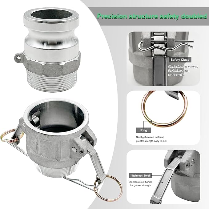 SAFBY 2PCS Type B, Type F, Aluminum Cam Lock Fittings Cam Groove Fitting Camlock Fittings, Male and Female Adapter Male NPT Thread with Whip Stop Hose Restraint
