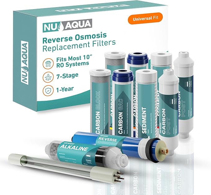 NU Aqua Reverse Osmosis Water Filter System Replacement Set - 7 Stage 1 Year Alkaline & UV Under Sink Kit - Membrane, Sediment, Carbon Filters, Parts & Fittings - Universal RO Filtration Cartridge - AquaVibe