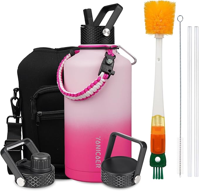 Insulated Water Bottle 87oz,Triple Wall Vacuum Stainless Steel(Dishwasher Safe),Leak Proof & Non-BPA,Flask Jug with Paracord Handle & Straw Spout Lids Sports Cherry Blossom