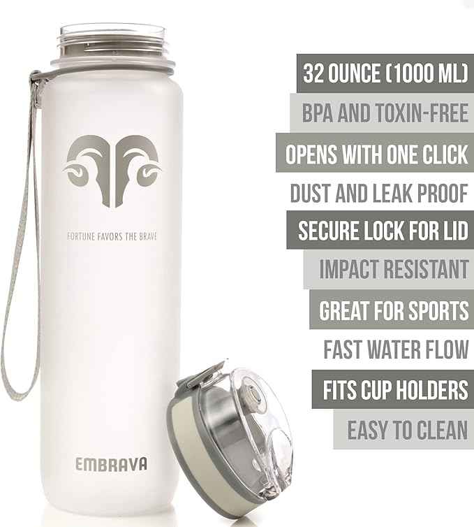 Embrava Sports Water Bottle 32oz - Fast Flow Flip Top Lid - BPA & BPS Free Leakproof Reusable - Lightweight Non-Toxic Tritan Plastic 1 Liter - Gym Hiking Office School Travel