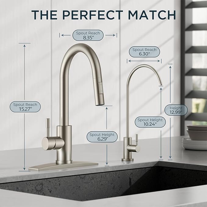 FORIOUS Kitchen Faucet and Water Filter Faucet Combo, Stainless Steel Traditional Sink Faucet with Drinking Water Faucet Fits Reverse Osmosis, Water Filtration System and Pot Filler, Brushed Nickel