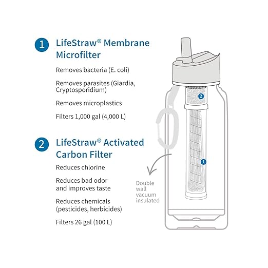 LifeStraw Go Stainless Steel Water Filter Bottle with 2-Stage Integrated Filter Straw, Double Wall Vacuum Insulated, for Hiking, Backpacking, and Travel, 24oz, Blue