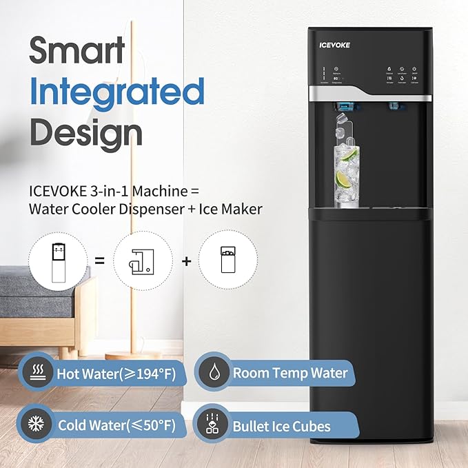 4-in-1 Self-Cleaning Ice & Water Machine - Hot & Cold Bottom Loading Water Cooler Dispenser for 5 Gal Bottle - Built-in Bullet Ice Maker - 22LBS/Day Ice Making, Black