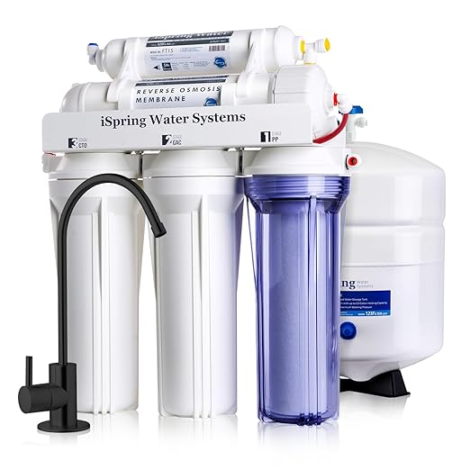 iSpring RCC7-BLK, NSF/ANSI 58 Certified, 5-Stage Reverse Osmosis System, RO Water Filter System Under Sink, Drinking Water Filter, 75 GPD, Stylish Black RO Faucet