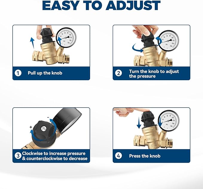 RVGUARD RV Water Pressure Regulator Valve With An Adjustable Knob, Tool-Free, CSA Approved, Lead-Free Brass Water Pressure Reducer with Gauge and Inlet Screen Filter for RV Camper Travel Trailer